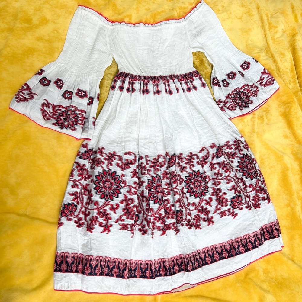 Chelsea and Violet ivory boho dress dress bell sleeve off shoulder red floral
